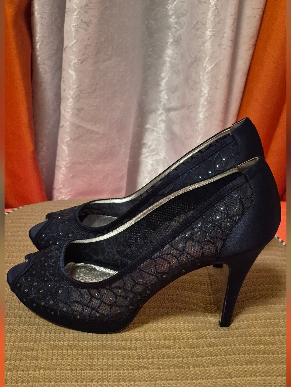 Adrianna Papell Black Lace Peep-Toe Heels with Sparkle Accents